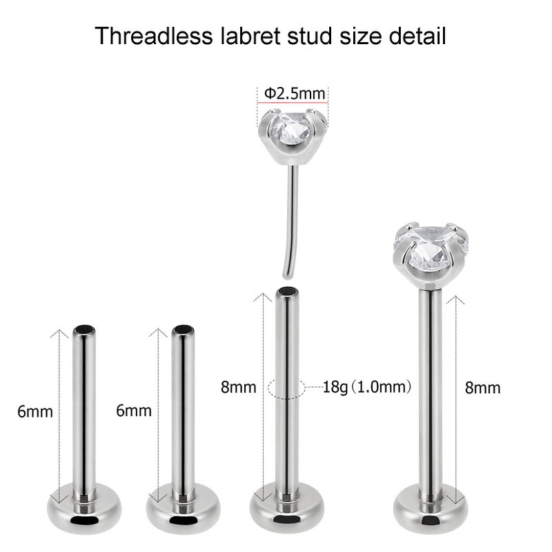NewkeepsR 2PCS-1.0mm(18g) Implant Grade Titanium Press Fit Threadless Push Pop In 2.5mm CZ Top Labret Lip Nose Earring Studs Piercing - Image 3